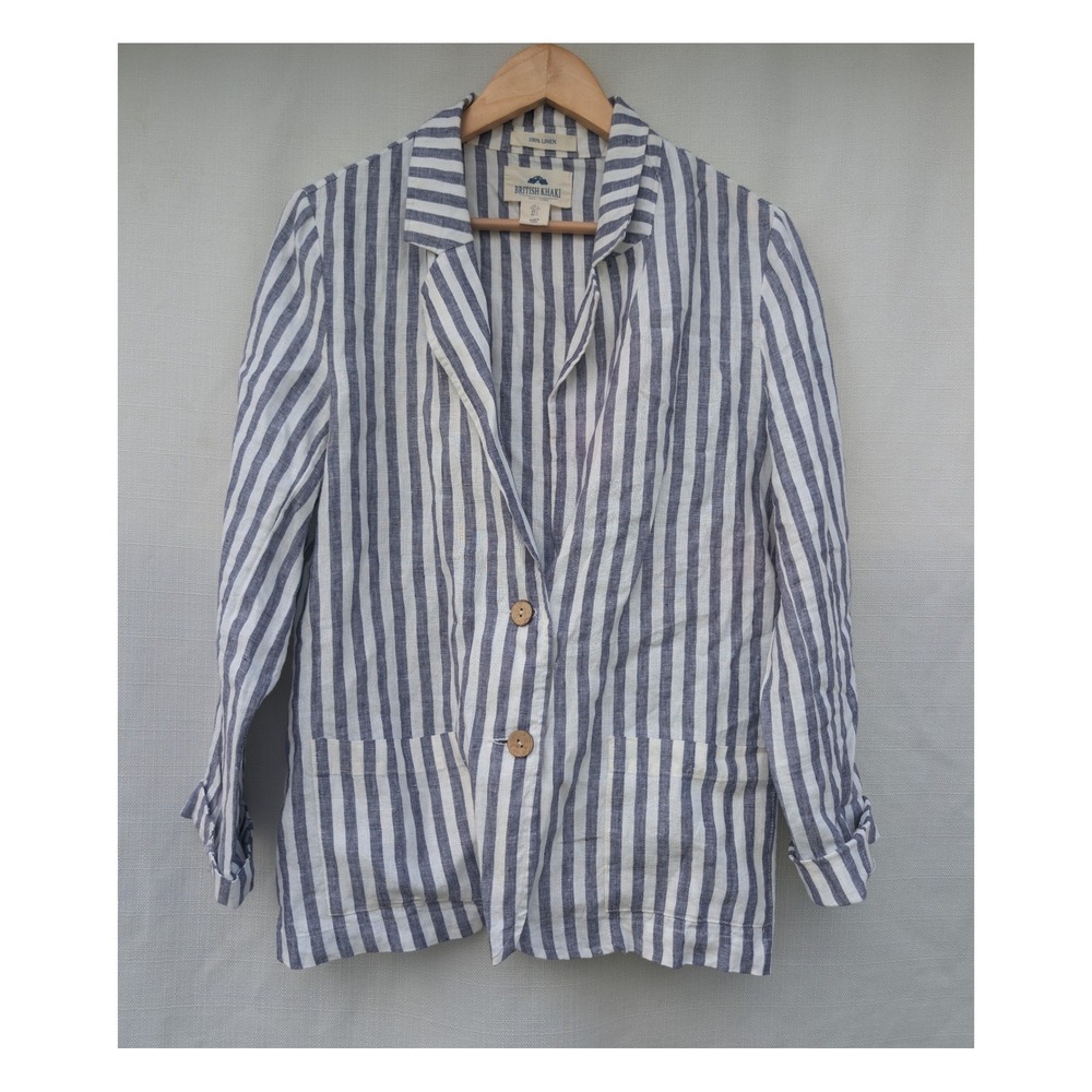British Khaki Linen Striped Blazer Womens L Blue Coastal Old Money Preppy